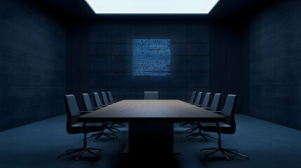 Boardroom meeting setup corporate office professional space indoor environment wide angle view strategic planning