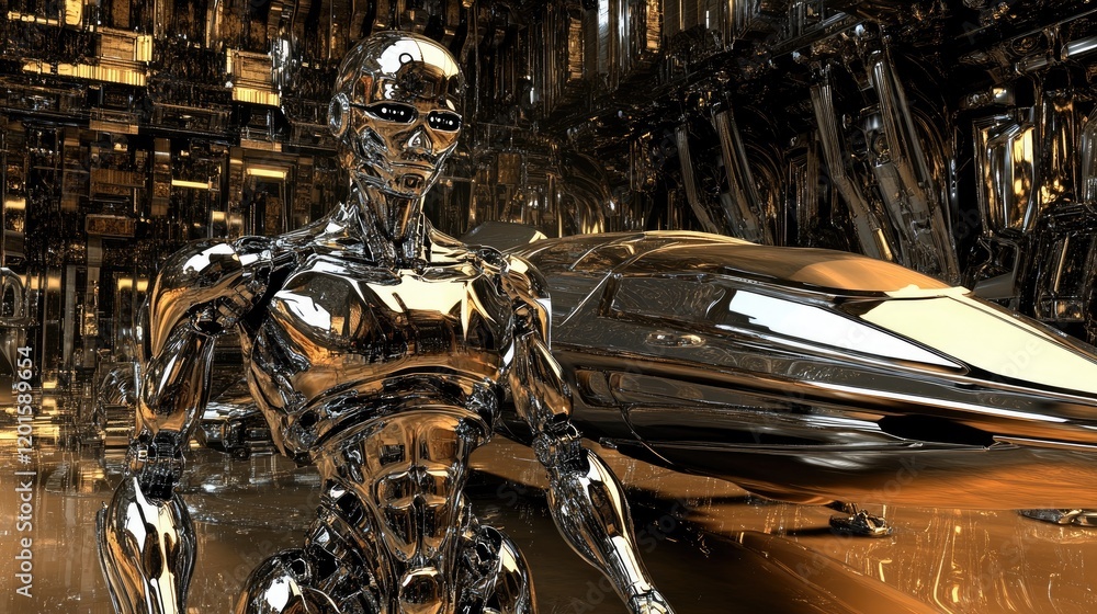 Poster futuristic robot in a metallic environment with advanced technology in the background
