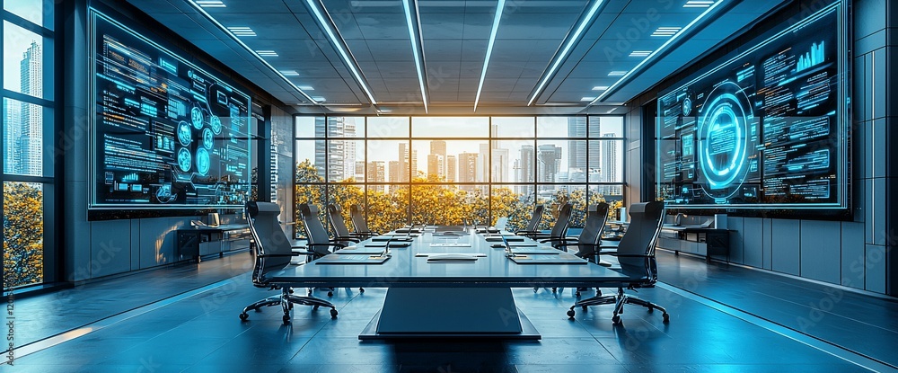 Poster futuristic boardroom with large digital displays showing data and a cityscape view.