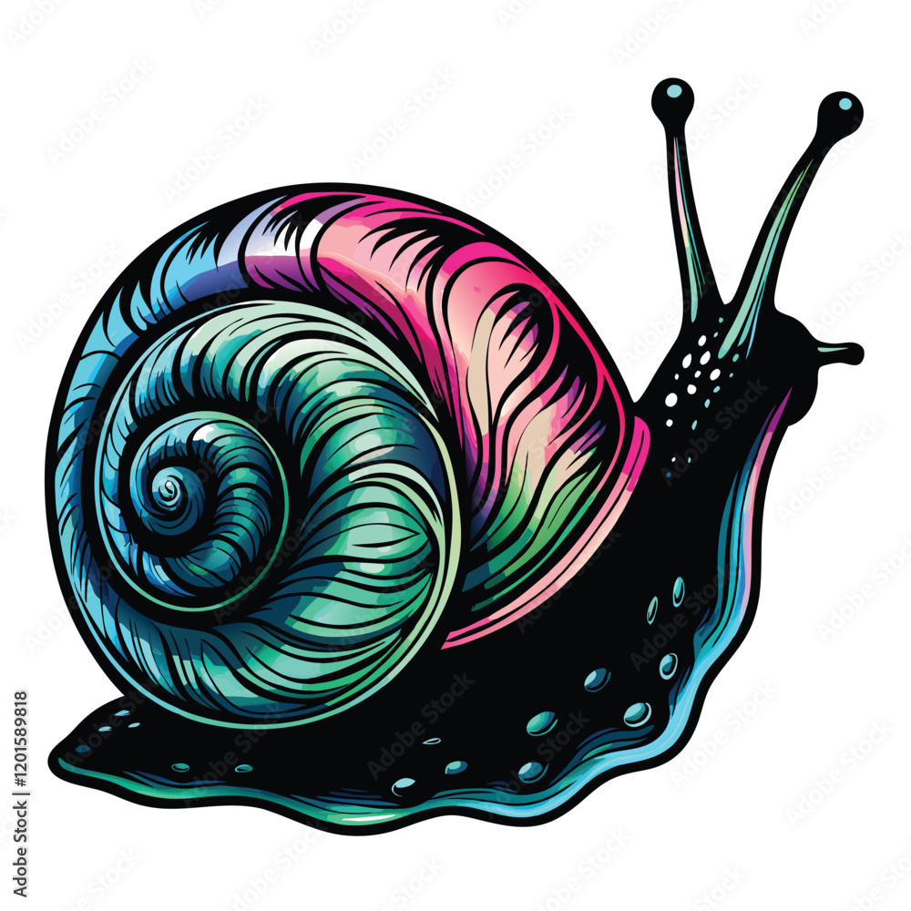 Poster design a realistic vector illustration of a sea snail with vibrant, detailed shell patterns.