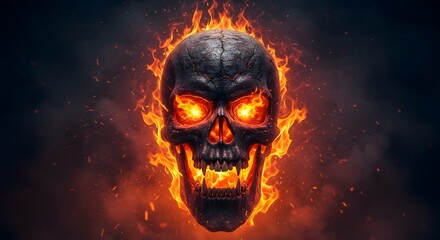 A fierce flaming skull with fiery eyes and sharp fangs, engulfed in blazing flames and surrounded by sparks, creating a menacing and hellish atmosphere.