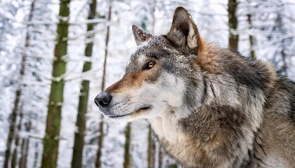 Obraz premium Eurasian wolf with snowy fur standing in a winter forest