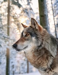 Fototapeta premium Wolf looking away in snowy forest at sunset