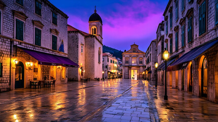 Naklejka premium Dawn in Dubrovnik's Old Town, cobblestone street, glowing buildings, calm morning. Travel brochure