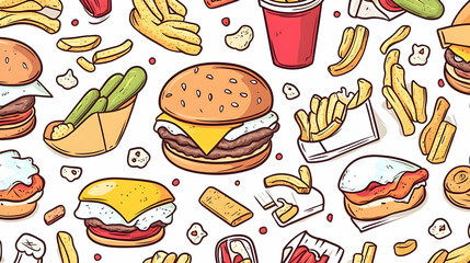 Delicious burger and fries seamless pattern, fast food background, restaurant menu design