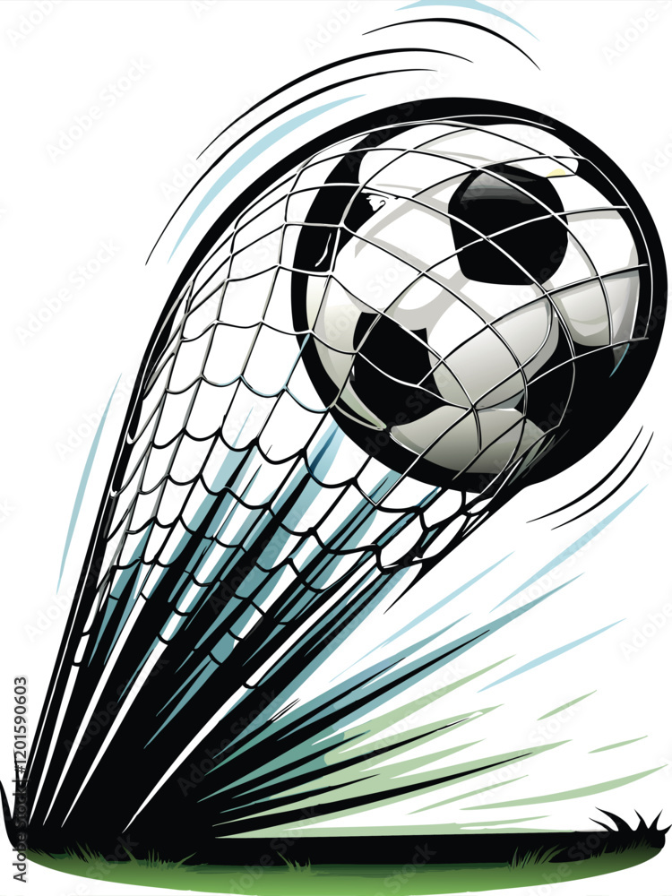 Poster design an artistic depiction of a soccer net being ripped apart by the force of a powerful goal.