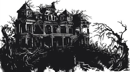 A spooky, abandoned mansion surrounded by twisted trees and an eerie atmosphere.