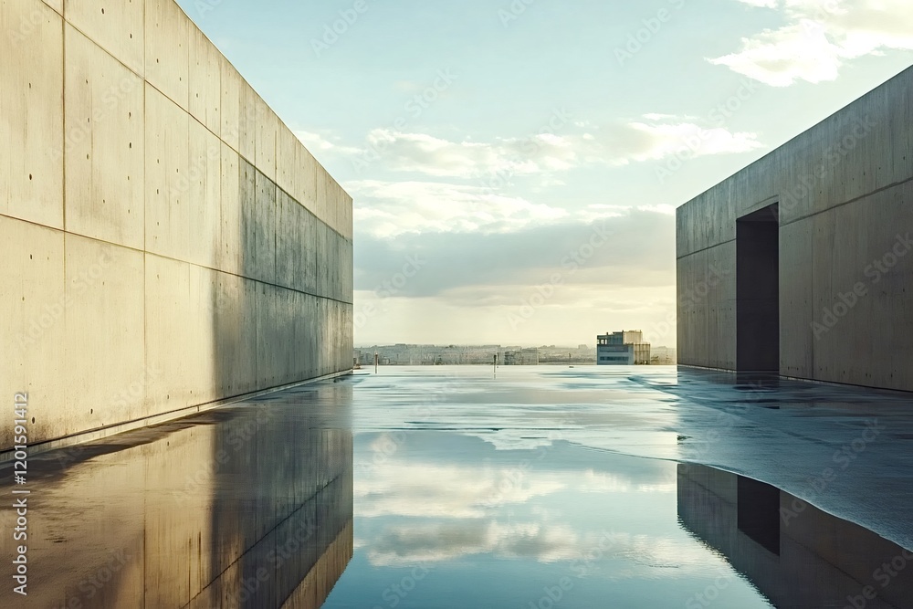 Poster rainwater pooling on a flat rooftop creates a reflective surface, mirroring concrete walls and a clo