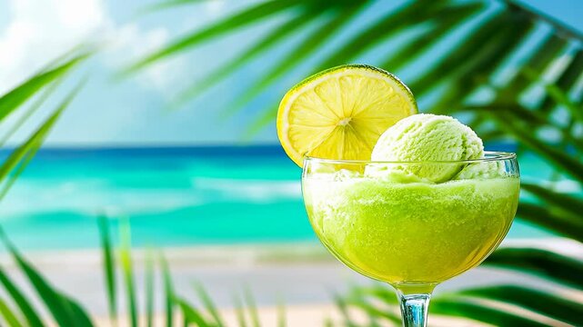 Fresh lime sorbet sunny seaside.Glass,lemon slice attached.Beach view,tropical tree,relaxing vibe.Summer day,dessert escape ocean.Vibrant,refreshing citric delight.Exotic treat hot weather enjoyment.