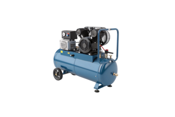 A portable air compressor with a blue cylindrical tank, black motor, pressure gauges, handles, wheels, and brass connectors, used for pneumatic tools or inflation. Isolated on a transparent background