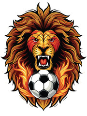 Design a roaring lion holding a soccer ball with a determined expression, showcasing its strength and passion for the sport.