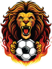 Design a majestic roaring lion holding a soccer ball with its powerful paws, showcasing its fierce determination and passion for the sport.