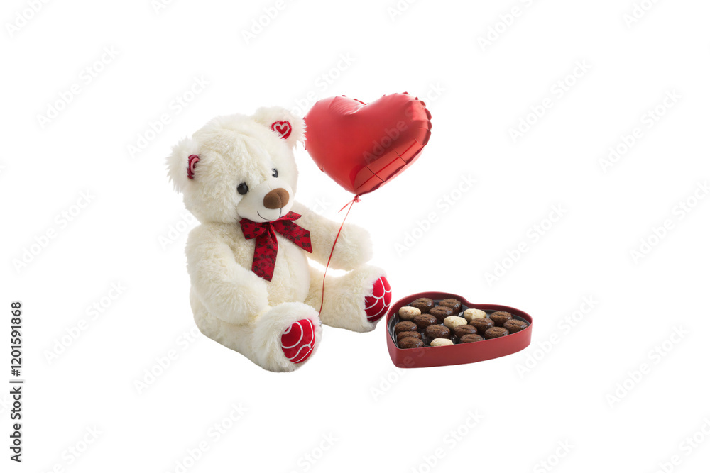 Poster a simple white teddy bear with red heart patterns on its paws and a red ribbon, sitting cutely on it