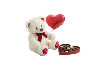 A simple white teddy bear with red heart patterns on its paws and a red ribbon, sitting cutely on its own. Isolated on a transparent background