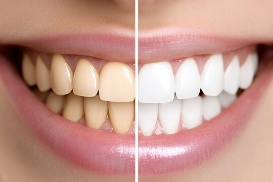 Teeth whitening treatment revealing a stunning transformation from yellow to bright white, highlighting the importance of dental care for achieving a perfect smile and overall oral health - Powered by Adobe