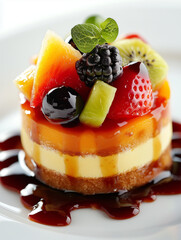 Layered fruit cake with berries, kiwi, and glossy glaze