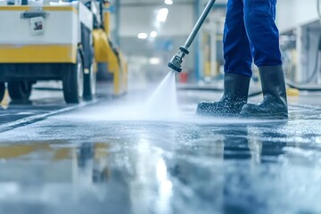 Cleaning staff member wearing safety boots using high pressure washer for cleaning concrete floor in large industrial building, creating foam and splashing water
