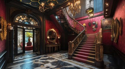 Fototapeta premium Luxurious Vintage Interior Design of a Grand Staircase Hallway Featuring Ornate Decorations, Rich Colors, Elegant Chandeliers, and Classic Artwork