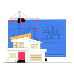 Fototapeta premium Modern House With Blueprint In Flat Vector Illustration Symbolizing Architecture, Home Design, And Construction Planning, Isolated On White Background.