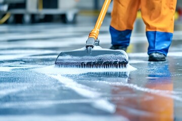Professional cleaner wearing orange and blue work overalls is using a cleaning brush and soap to clean the floor of a large industrial building or warehouse