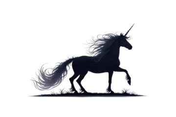 Poster Black silhouette of a unicorn walking gracefully, its mane waving under a faint mystical light in a shadowy, twilight-like scene. Isolated on a transparent background