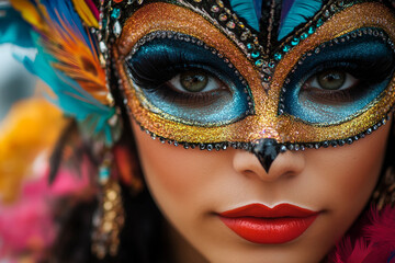 Obraz premium Vibrant Carnival Artist in Glittering Costume Close-Up, Generative AI Image Portrait