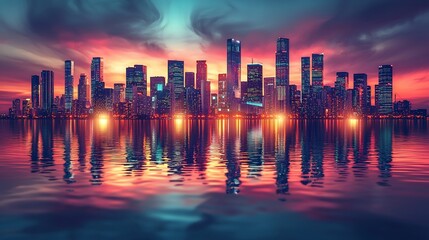 Fototapeta premium Vibrant city skyline reflected in calm water at sunset. (1)