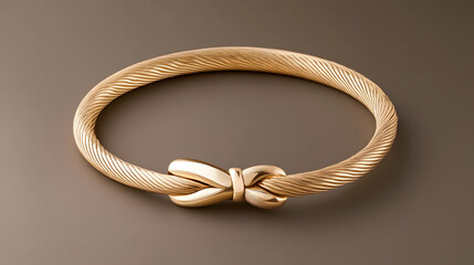 Gold cable bracelet with bow clasp on brown background; jewelry photography for online store