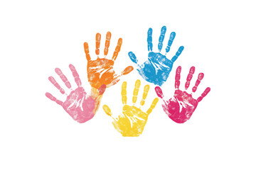 Five colorful handprints pink, yellow, orange, blue. Overlapping palms create a vibrant, playful design, symbolizing creativity, unity, and diversity through art. Isolated on a transparent background