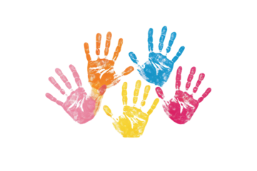 Five colorful handprints pink, yellow, orange, blue. Overlapping palms create a vibrant, playful design, symbolizing creativity, unity, and diversity through art. Isolated on a transparent background