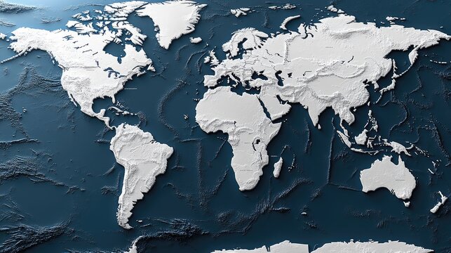 Detailed 3D relief map of the world showcasing topography and ocean depths with a dark blue background