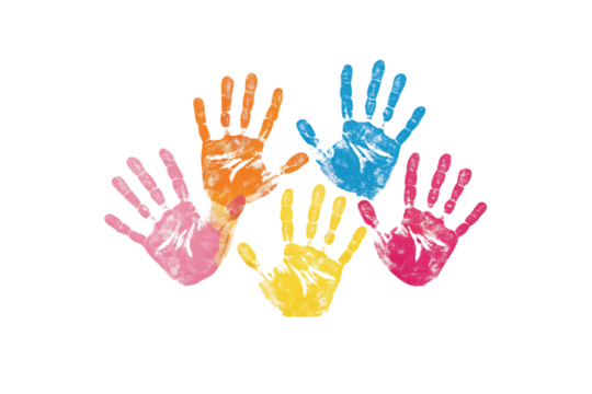Five colorful handprints pink, yellow, orange, blue. Overlapping palms create a vibrant, playful design, symbolizing creativity, unity, and diversity through art. Isolated on a transparent background