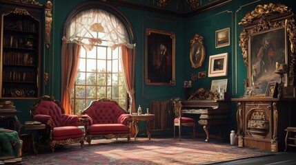 Obraz premium Elegant Vintage Living Room with Antiquated Furniture, Luxurious Decor, and Warm Lighting, Perfectly Capturing a Classic Atmosphere Surrounded by Rich Colors and Artwork