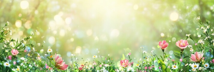 Fototapeta premium Blooming spring meadow with colorful wildflowers and sunlit background
