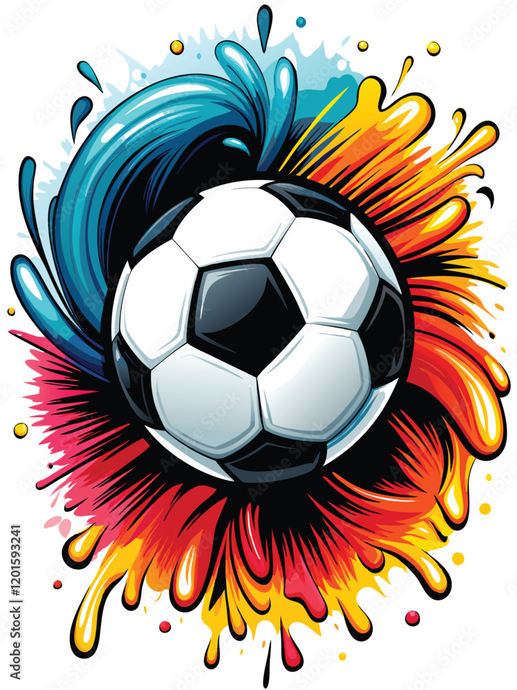 Poster design a vibrant vector t-shirt featuring a dynamic soccer player in action, with a bold graphic sty