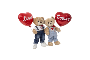 Plush teddy bears in denim overalls hold shiny red balloons reading Love and Forever, exuding charm and emphasizing love and togetherness. Isolated on a transparent background