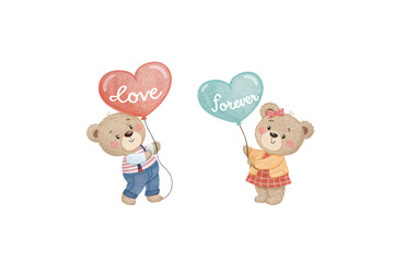 Obraz premium Two adorable illustrated teddy bears holding heart-shaped balloons that say Love and Forever, dressed in charming outfits, radiating a whimsical, cartoonish charm. Isolated on a transparent background