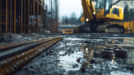 Obraz premium Construction Site: Steel Rebar and Excavator