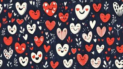Valentine's Day Hand-Drawn Cartoon Hearts with Brush Strokes and Texture, Red and White, Romantic, Love, Artistic Expression, Festive Design