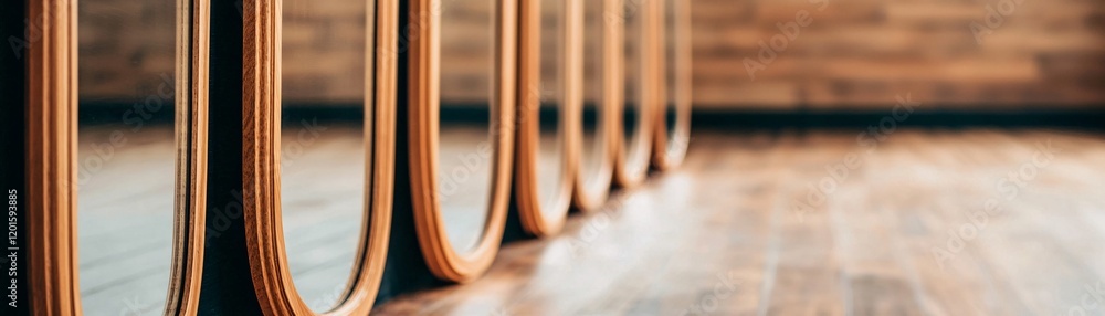 Poster a close-up view of wooden flooring with curved wooden structures, showcasing texture and design in a