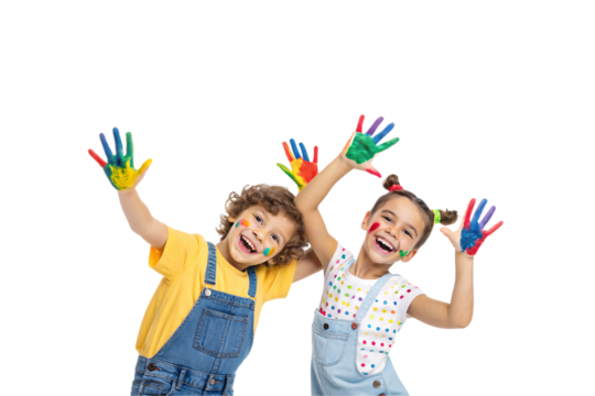 Two joyful children in overalls, faces and hands smeared with colorful paint, enthusiastically showing their hands in a fun and creative moment. Isolated on a transparent background