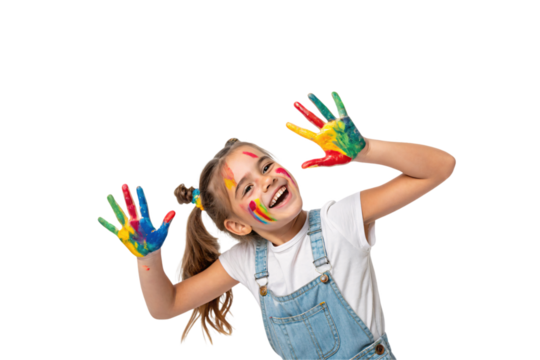 Happy girl in denim overalls and ponytails, posing enthusiastically with rainbow-painted hands and streaks of color on her face. Isolated on a transparent background