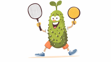 Obraz premium Happy cucumber playing paddle tennis on white background; fun illustration for kids' books or sportswear