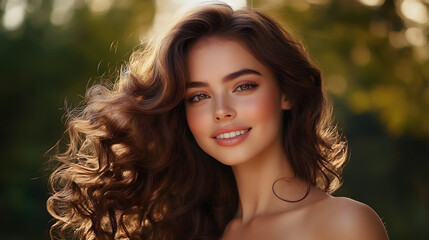 Naklejka premium Beautiful brunette model girl with long curly hair . Smiling woman hairstyle wavy curls . Beauty, hair care, hairstyles and hair coloring. Fashion , beauty and makeup portrait
