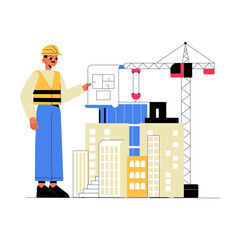 Construction Worker And Building Site In Flat Vector Illustration Symbolizing Urban Development, Architecture, And Engineering, Isolated On White Background.