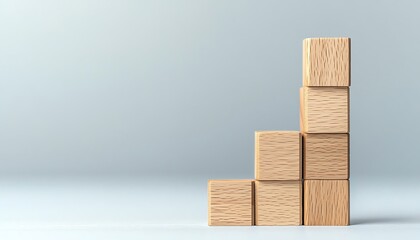 Business growth process featuring wooden blocks in the shape of a bar chart, symbolizing rising profits and success