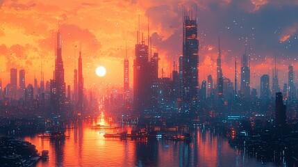 Fototapeta premium Futuristic city skyline at sunset, reflected in water.