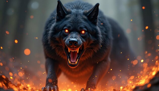 Fiery Black Wolf: Glowing Eyes, Embers, Dramatic Art
