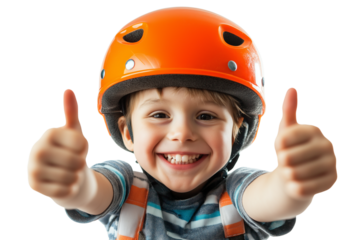 A happy child wearing an orange helmet and giving a thumbs-up gesture, isolated on a transparent background png (4)
