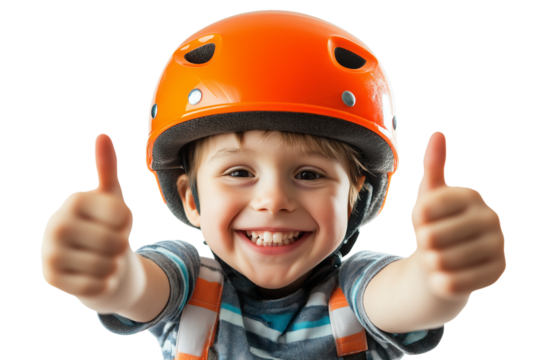 A happy child wearing an orange helmet and giving a thumbs-up gesture, isolated on a transparent background png  (4)
